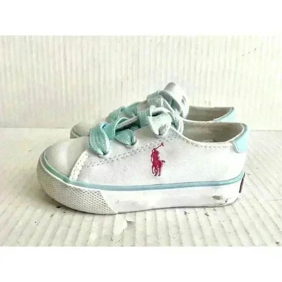 POLO Ralph Lauren Infant Leather Sneakers Shoes Size 5 White Pink Pony - Picture 2 of 7